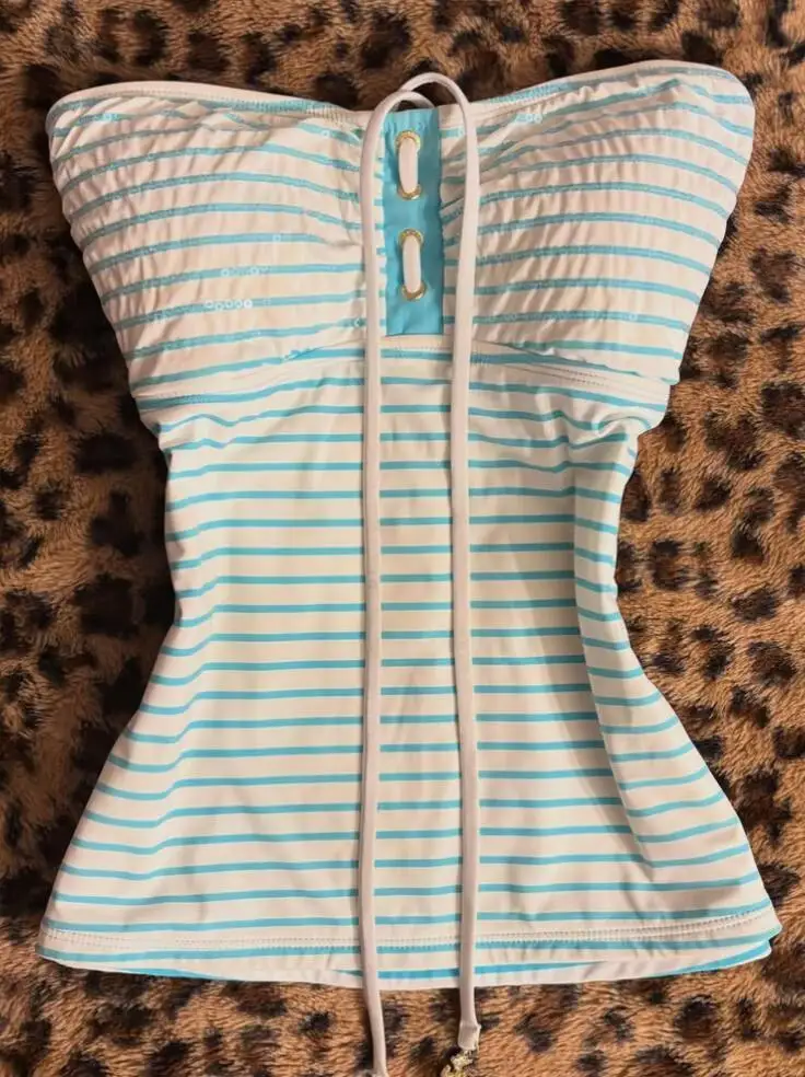 Fresh Blue and White Fine Horizontal Stripes Plunging V-Neck Drawstring Pleated Figure-Hugging Short Top for sexy girl Style Y2K