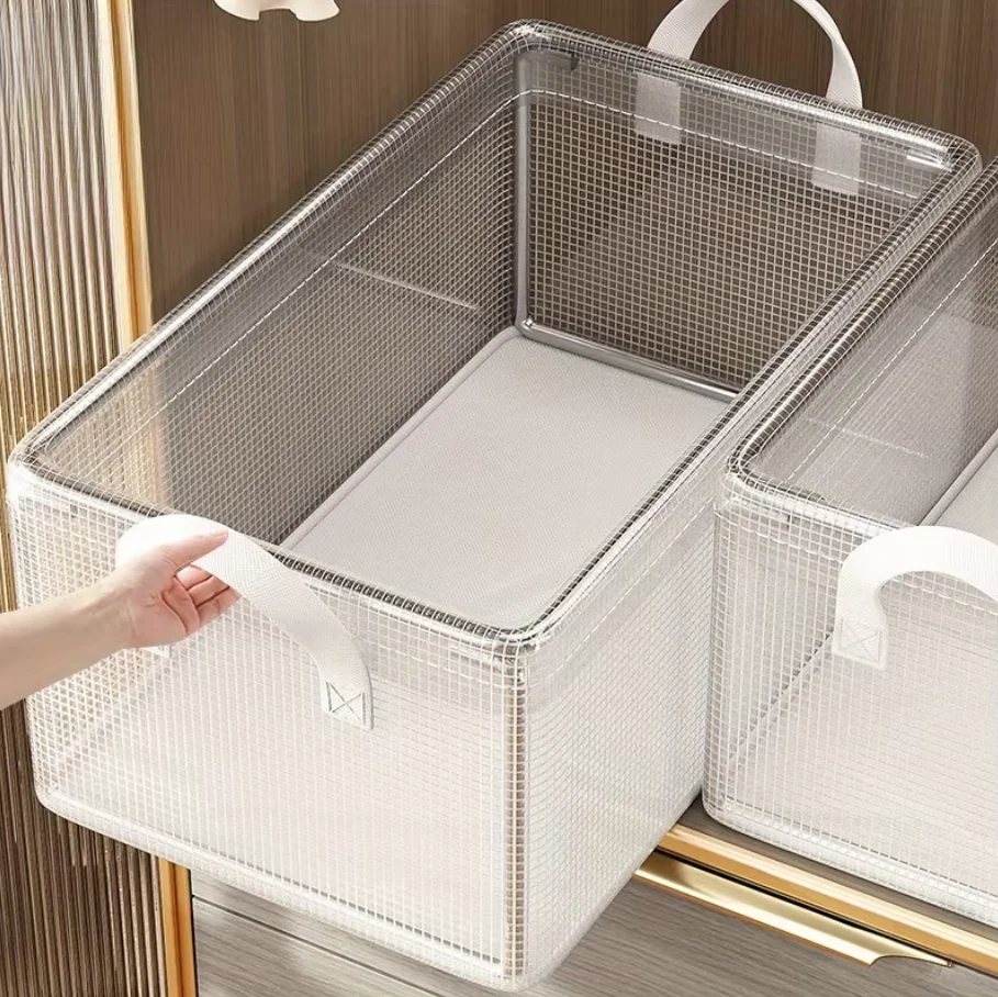 Transparent PVC Foldable Storage Bins with Solid Steel Frame, Waterproof Dustproof Closet Organizer, Mesh Storage Basket for Clo