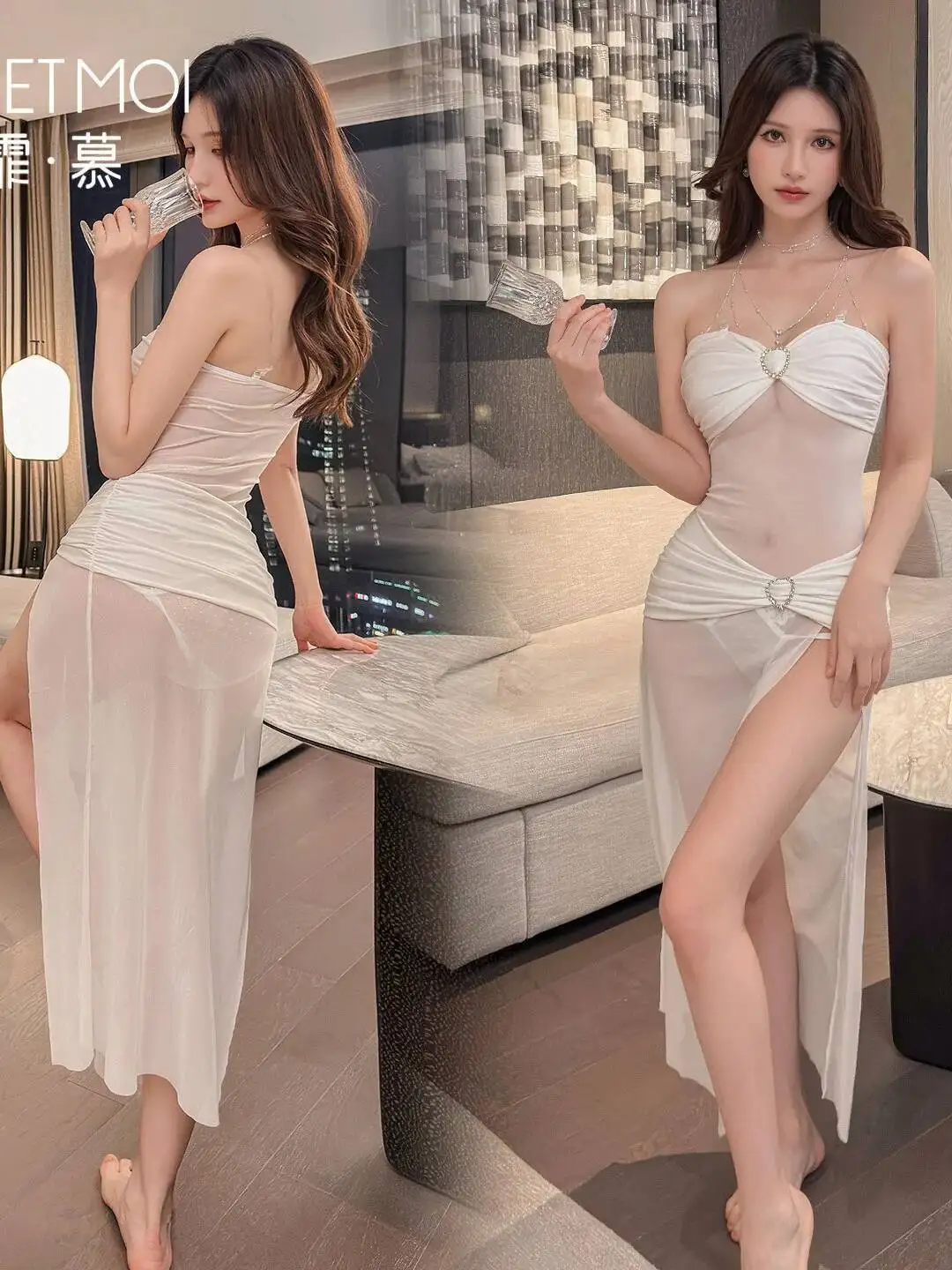 Stil trägerloses schulterfreies transparentes Kleid Flirten schiere sexy einfarbige transparente Mesh ärmelloses langes Kleid Pure Desire 5QB6