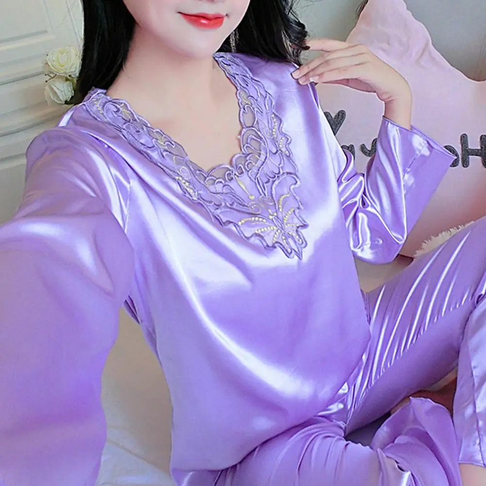 2 Pcs/Set Women Pajamas Set Silky Long Sleeves V Neck Solid Color Loose Sleeping Lace Plus Size Women Nightie Set for Bedroom