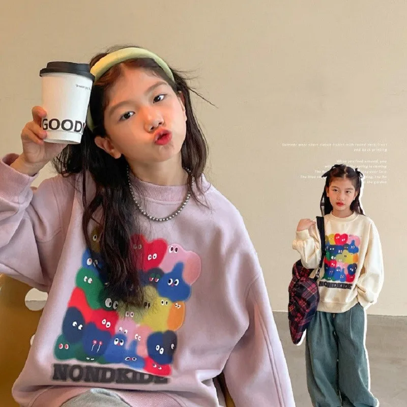 

Spring Autumn Girls Cotton Loose Cartoon Prints Basic Sweatshirt School Kids Track Pullover Tops Children Workout Jumper 5-16Yrs