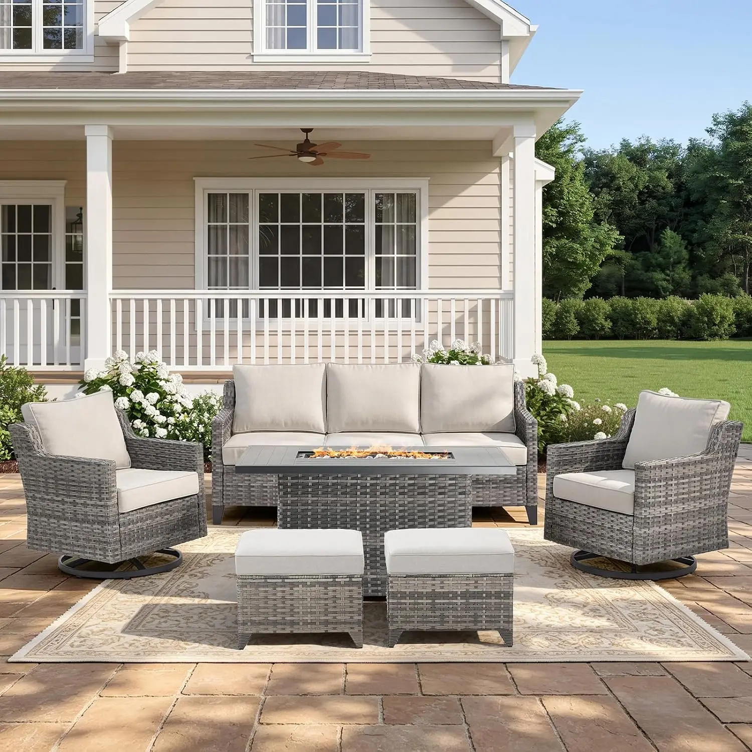 Beige Wicker Swivel Rocker Chairs & 3-Seat Sofa & 42.5