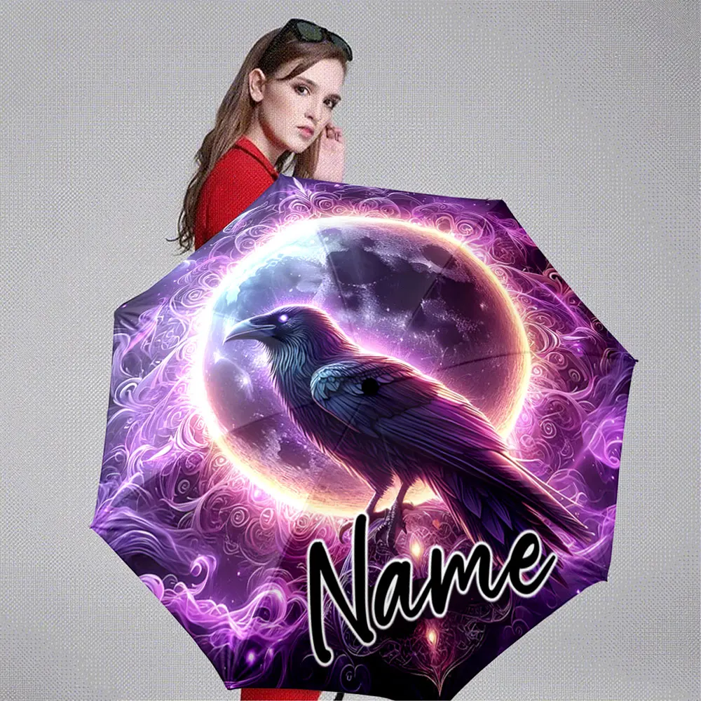 Custom Name Umbrella Mystic Raven Full Moon 8 Iron Ribs Folding Umbrella Auto-Open Fashion Sunshade