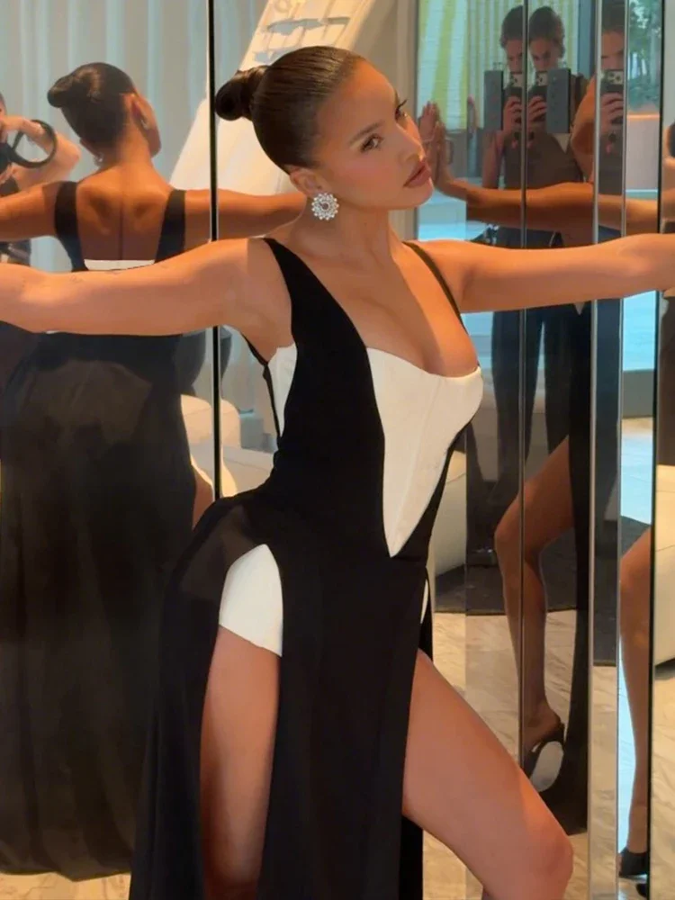 Leosoxs رومبير نسائي مثير مرقع بشريط طويل بدون أكمام أنيق غير منتظم قابل للتمدد بدلة كلوبوير منتصف الليل #5