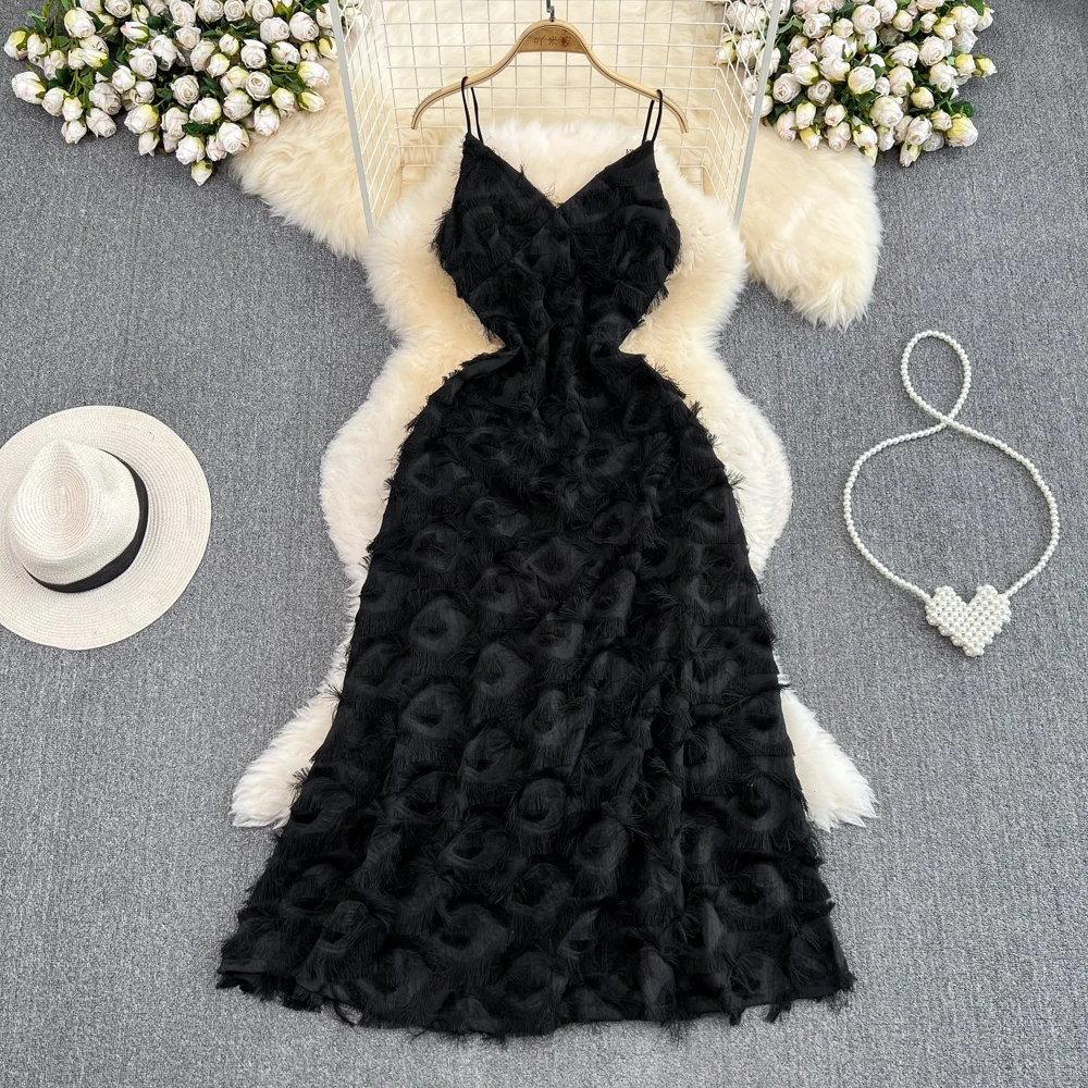 

Women Long Dress 2023 Summer Sexy V-neck Slim Party Dresses Elegant Chic Tassels Sleeveless Backless Beach Vestidos