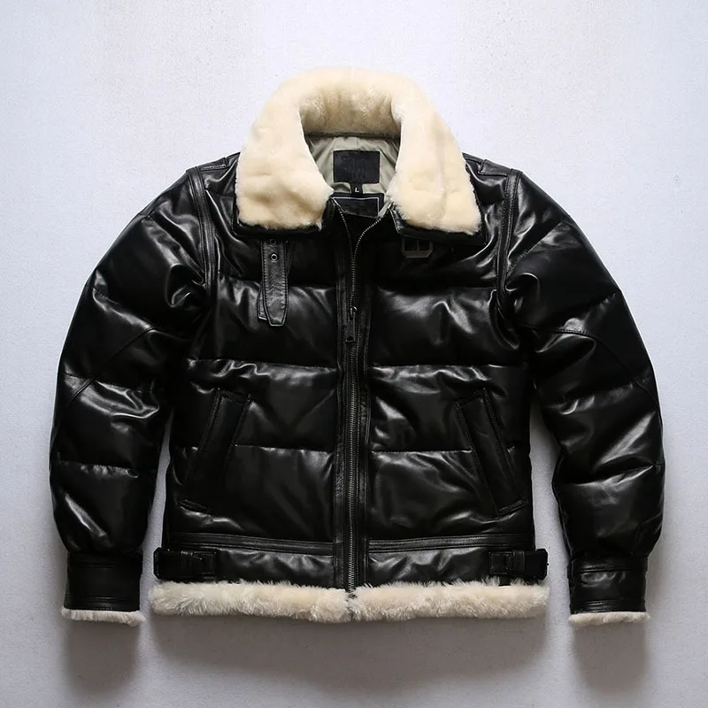 

Fur Collar Genuine Leather Men's Coat Patchwork Thickened Sheepskin Winter Down Coat Men