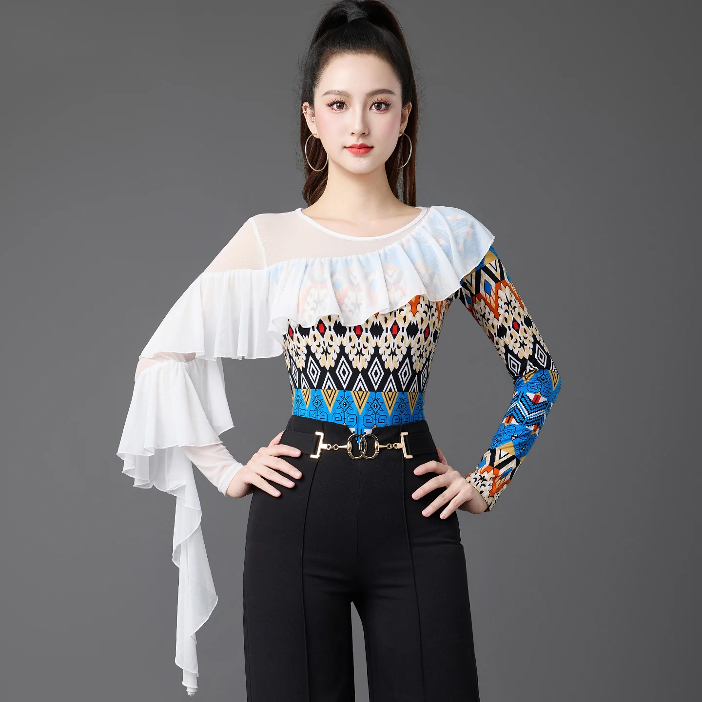 Neue Frauen Kleidung Drucken Mesh Rüschen Overall Latin Dance Top Nationalen Standard Chacha Rumba Tango Modern Dance Kostüme DQL12404