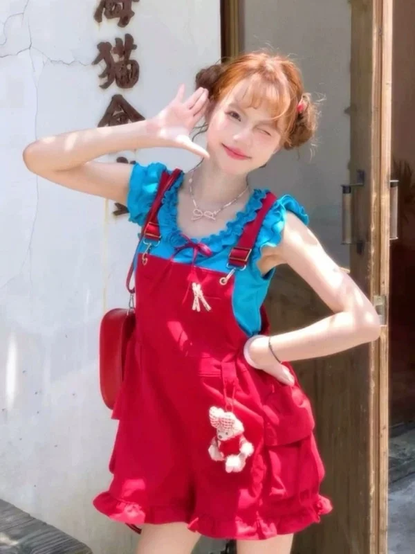 

Dopamine Summer New Cute Red Loose Strap Pants Outfit Vacation Set Short Sleeve round Neck Two-Piece Polyester Fashion Ensemble