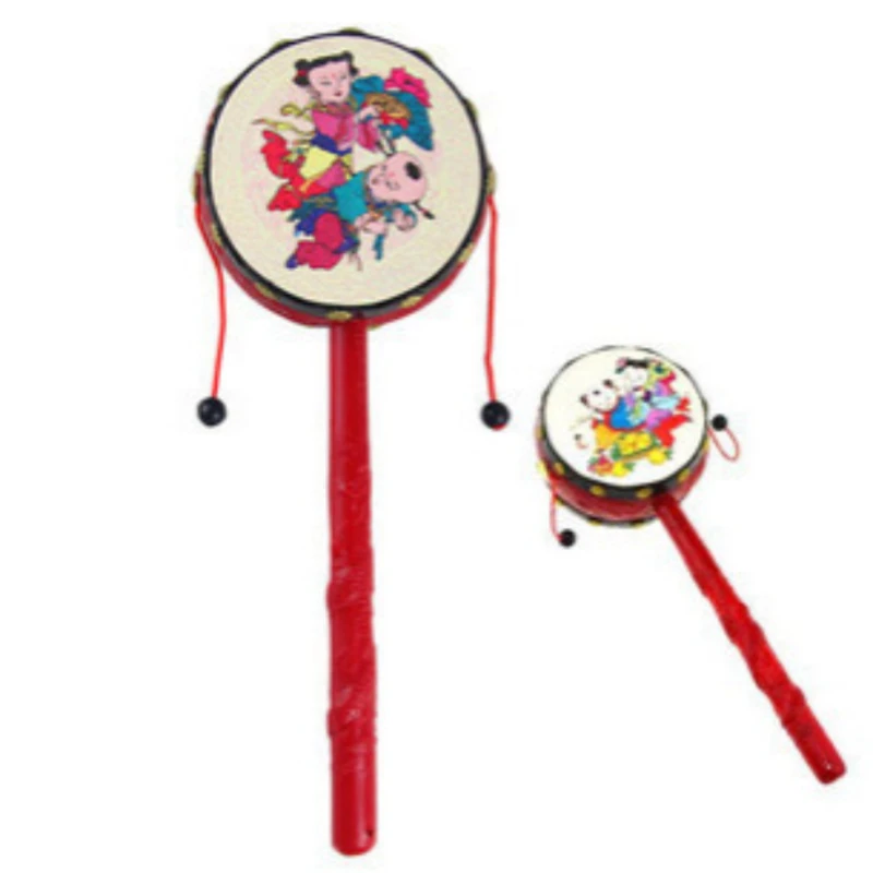 1Pc Baby Kids Cartoon Chinese Traditionele Rammelaar Drum Spin Leuk Speelgoed Handbel Muziek Speelgoed Willekeurig Patroon Baby Comfort Speelgoed