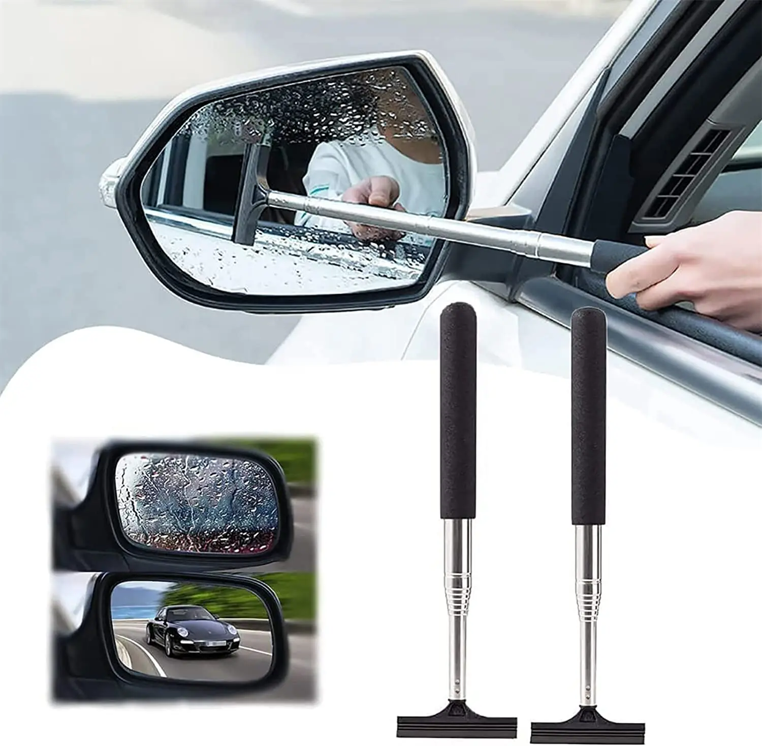 Car Rearview Mirror Wiper Portable Retractable Car Glass Water Remover Cleaning Tool Rainy Safey Driving Supplies Car Cleaning