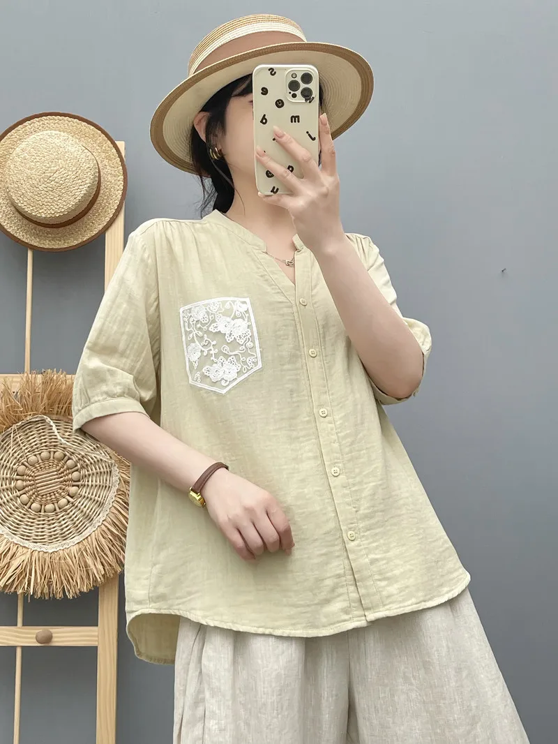 New 2025 Summer Cotton Yarn Half Sleeve Shirt, Women V Neck Lace Pocket, Mori Girl French OL Comfortable Loose Blouse T56687CC