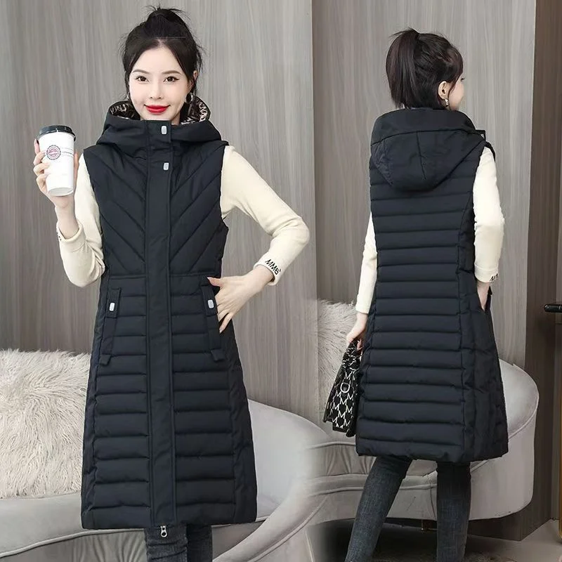 New Fashion Eiderdown Cotton Vest Women Long Section In Autumn Winter Of 2024 Korean Slim Plus Size Slim Horse Vest Jacket With