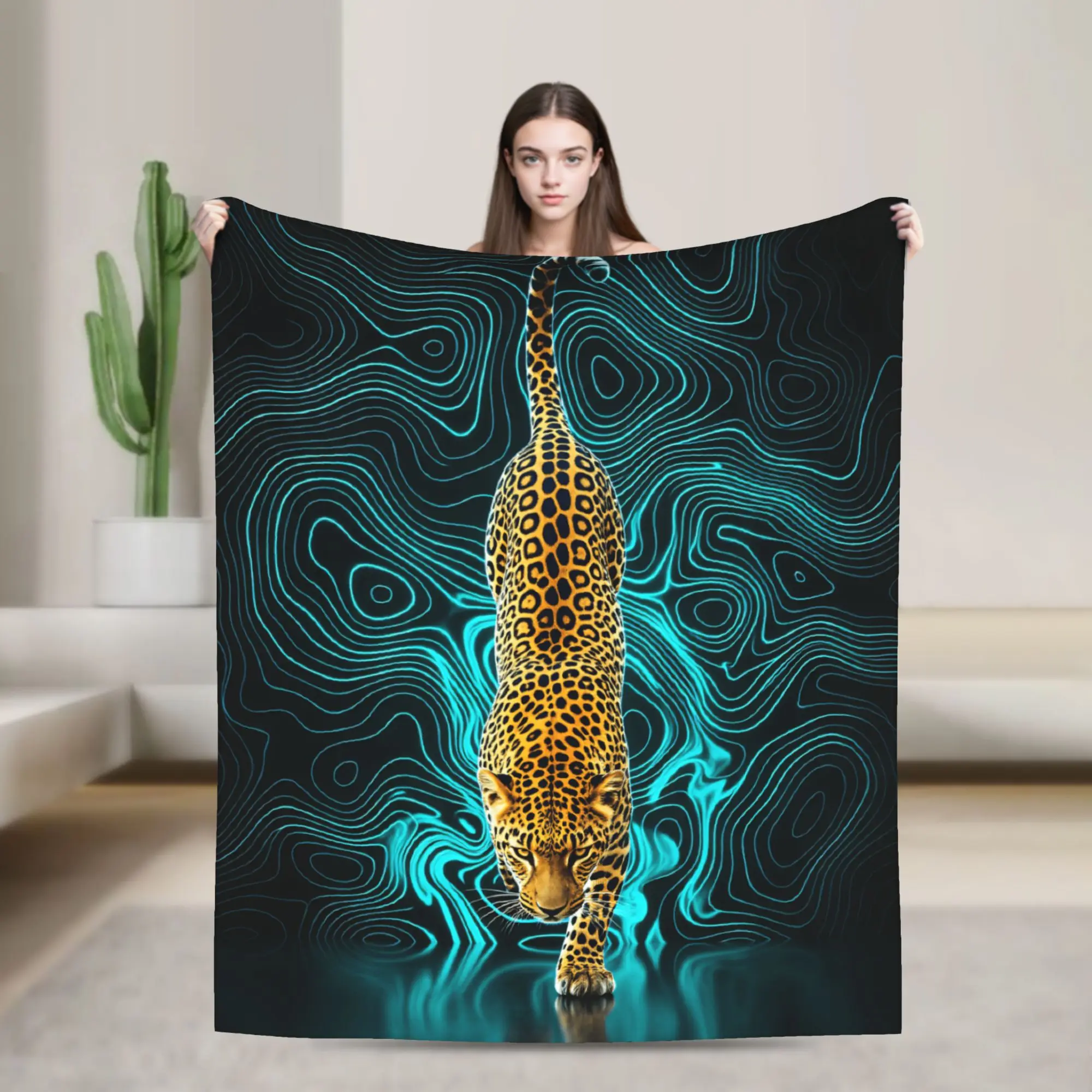 Neon Blue Contour Line Walking Leopard Blanket Warm Soft  Bedding Throws Winter Kids Adults Home Decor Camping Bedspread