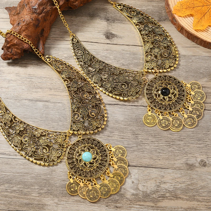 

1Pcs Boho Vintage Gold Statement Necklace Ethnic Filigree Design with Coin Tassels & Stone Fashion Jewelry