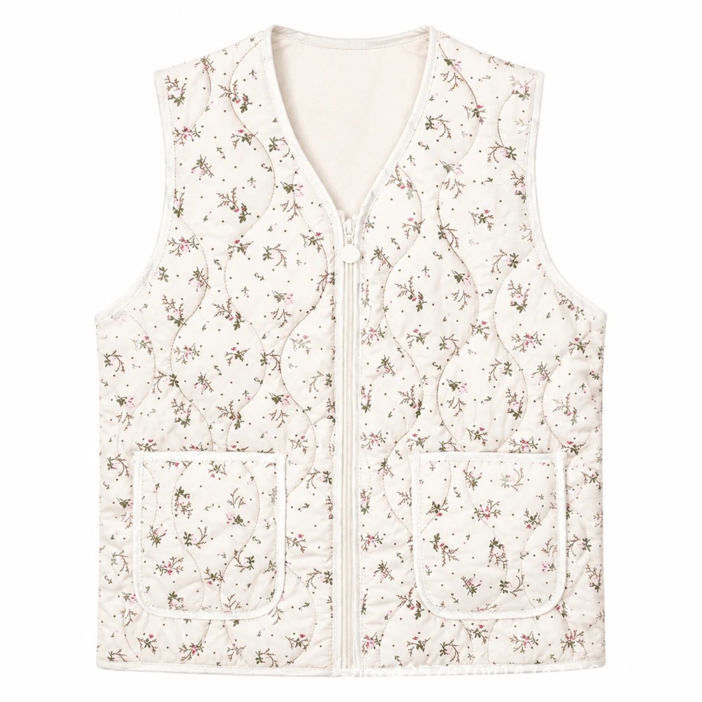 Women\'s Korean Style Quilted Floral Vest Sleeveless Warm Cardigan Jacket for Home Casual Wear Size 2XL 3XL 4XL 5XL