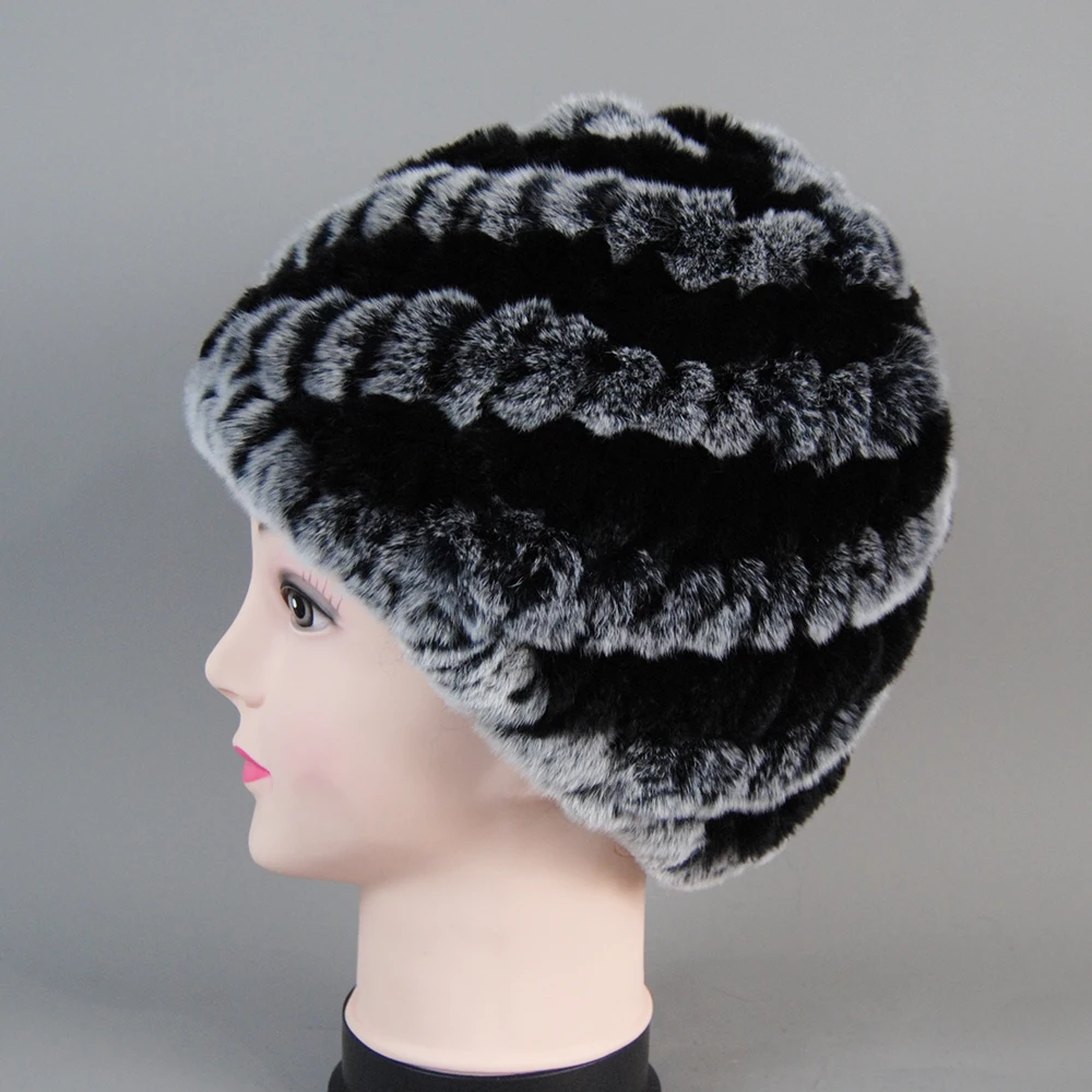 Knitted Good Elastic 100% Natural Rex Rabbit Fur Beanies Hats Lady Winter Warm Real Rex Rabbit Fur Cap Knit Striped Real Fur Hat image 5
