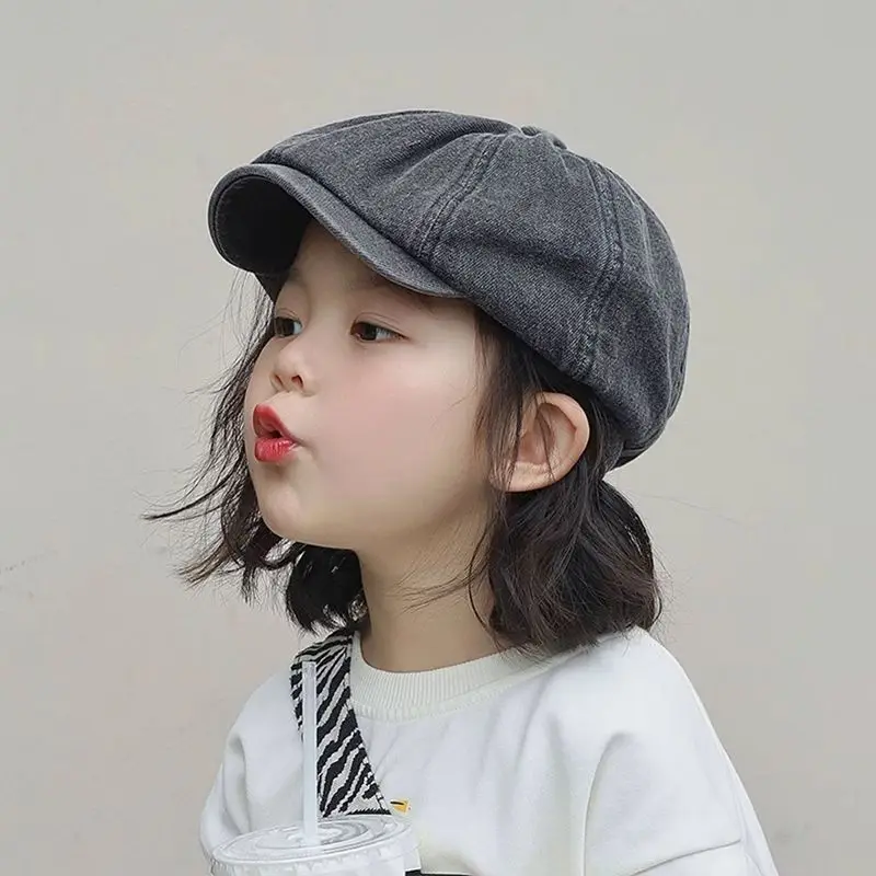 

Baby Girls Cute Denim Berets 2025 New Fashion Children Cotton Artist Hats Bucket Caps for Spring Autumn Japanese Korean Style
