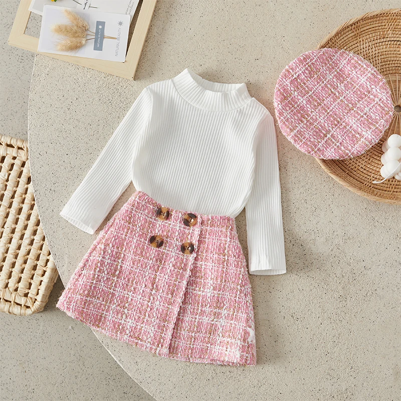 Suefunskry Toddler Girl Fall 3Pcs Outfit Solid Color Ribbed Long Sleeve Pullover Tops Plaid Pattern Skirt Beret Princess Set