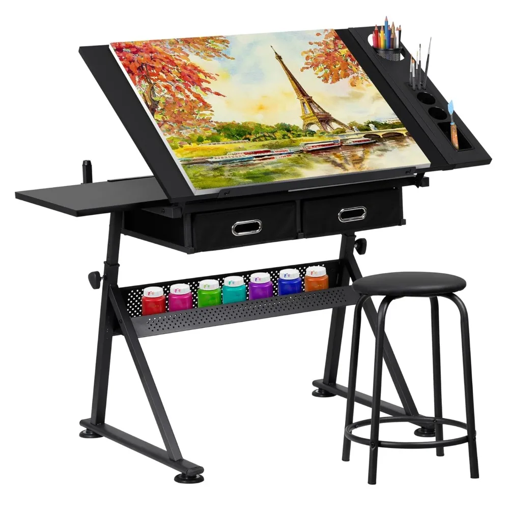 

Height Adjustable Drafting Table - Art/Craft Desk with Stool and 2 Slide Drawers for Reading, Writing, Crafting,, Customized
