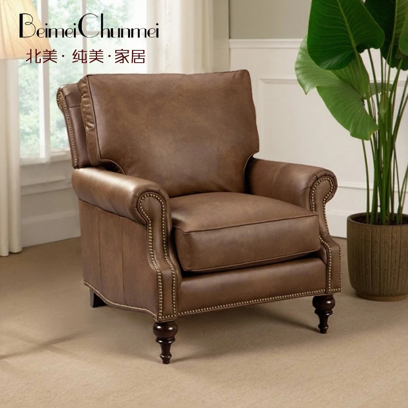 American retro first layer cowhide, single sofa living room leather art, oil wax leather sofa