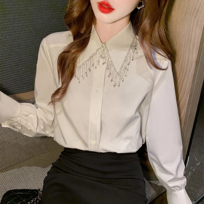 

Luxury Tassel Beaded Women Shirts 2025 Spring Elegant Temperament Long Sleeve Blouses Office All-match Button-up Solid Blusas