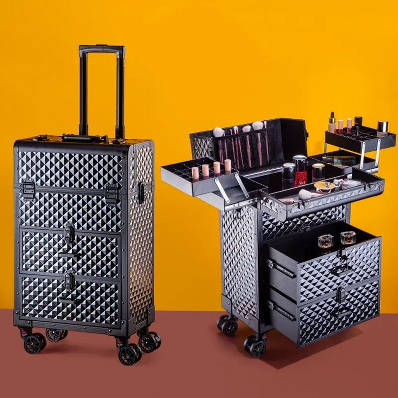 Large Aluminum Trolley Makeup Box Professional Cosmetic Luggage Case Nail Embroidery Suitcase Multi-layer Storage Tool Bag New