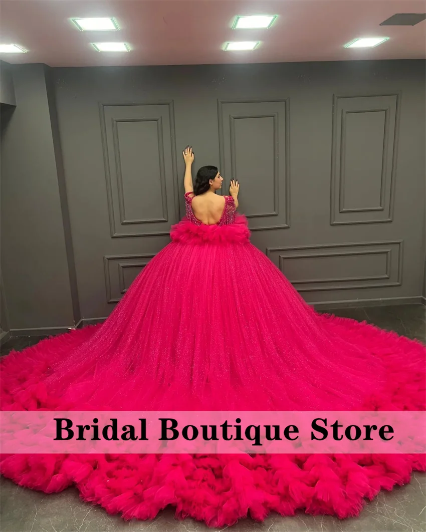 Fuchsia Puffy Beaded Quinceanera Dress 2024 Off Shoulder Princess Crystals Ruffles Beads Tassels Vestidos De 15 Quinceañera