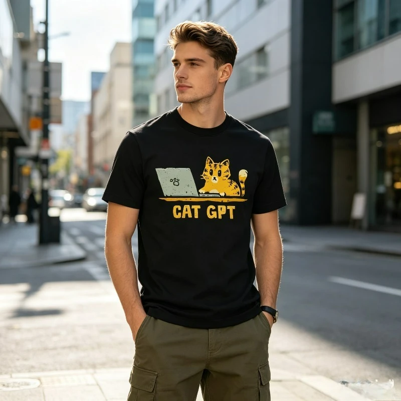 Men Streetwear Casual T-shirt CAT GPT Cute Cat Laptop Print Retro Daily Hip Hop Loose Basic Street Fashion Summer Top