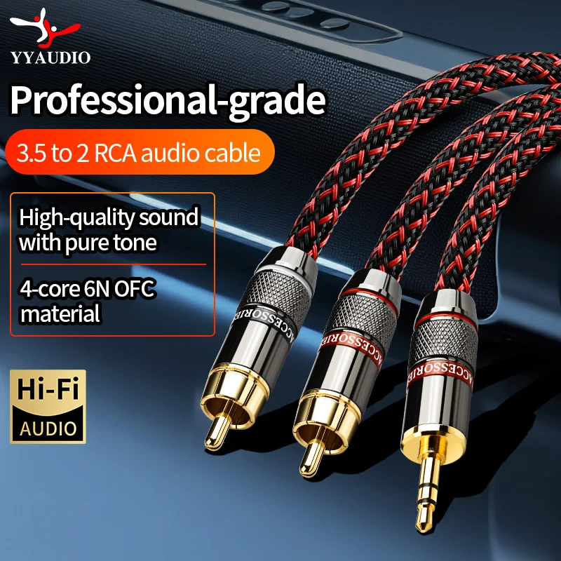 YYAUDIO HIFI 7N OFC Leitfähiges 3,5mm auf 2RCA Audiokabel mit Vergoldeten Steckern 3,5mm Buchse für Lautsprecher, Decoder und Verstärker