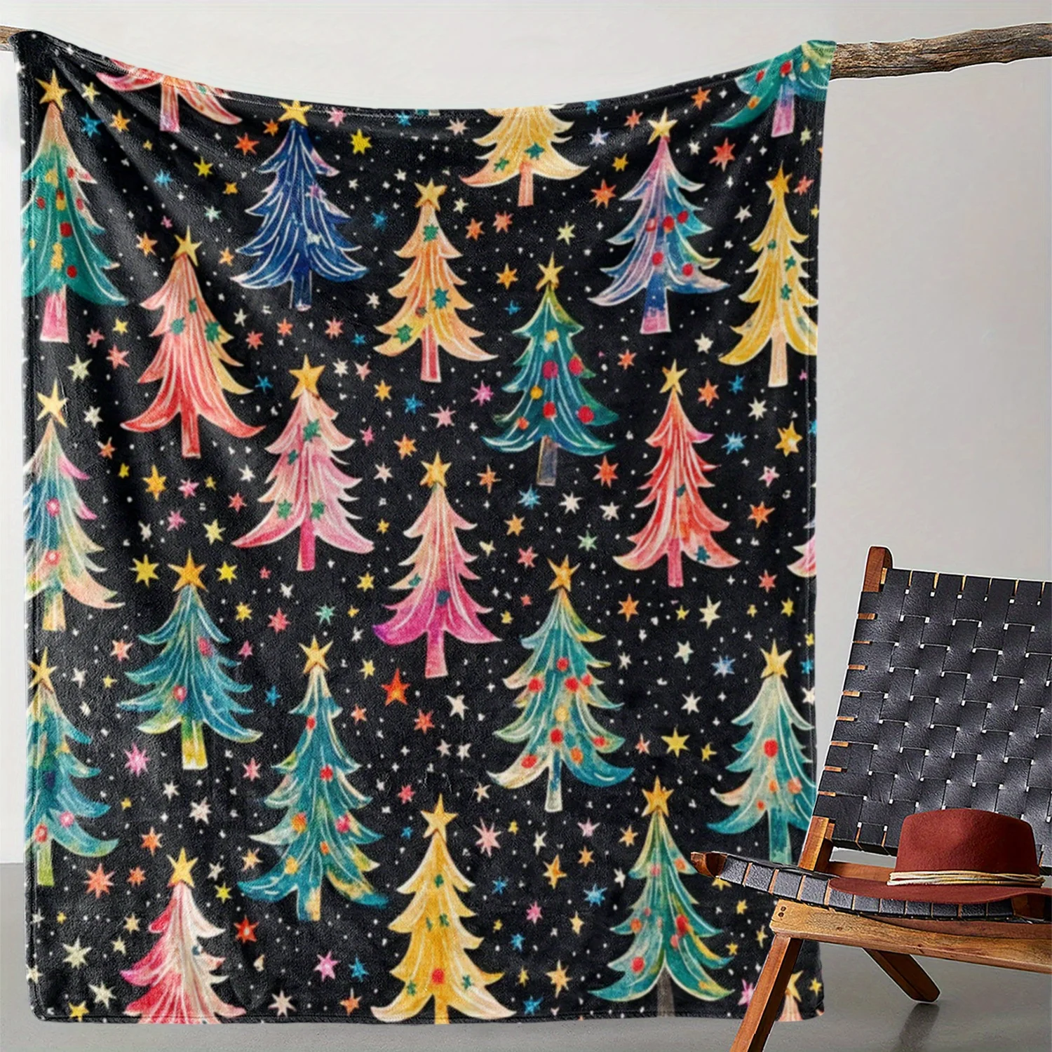 [Soft Vintage Christmas Tree Blanket] Vintage Christmas Tree and Stars Print Flannel Throw Blanket - Soft Cozy Warm Knitted Poly