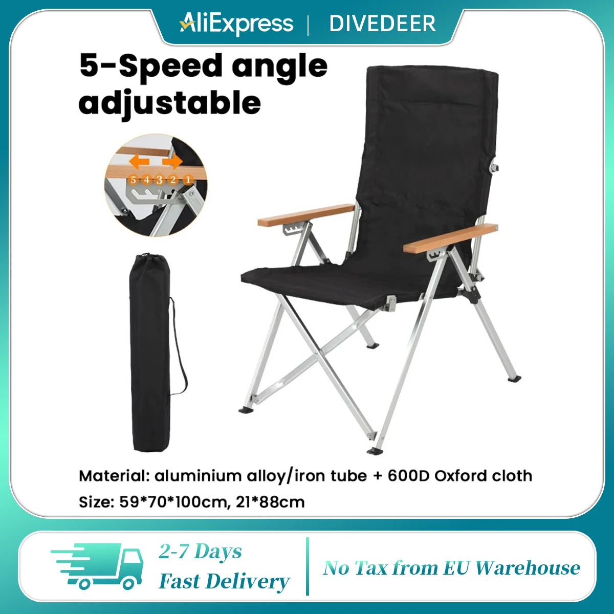 DIVEDEER 5-fach Verstellbarer Klappbarer Liegestuhl für Angeln, Outdoor, Freizeit, BBQ, Camping, Khaki/Schwarz
