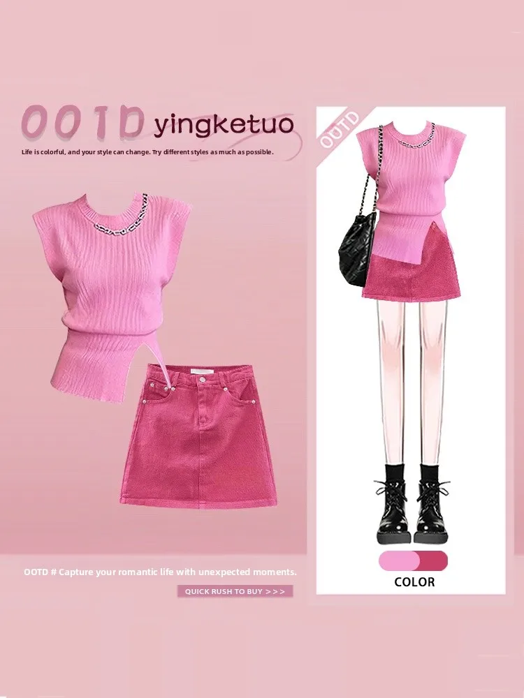 

Summer Fashion Pink Slim Fit Short Sleeve T-Shirt And Denim Skirt Pure Desire Style Women's Ensemble High Waist Short Skirt