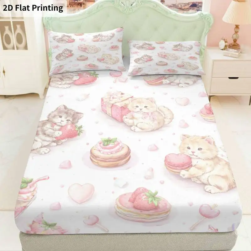 3Pcs Catmacarons Fitted Sheet Three Piece Set (1*Fitted Sheet + 2*Pillowcases, Coreless), Bedding Set.