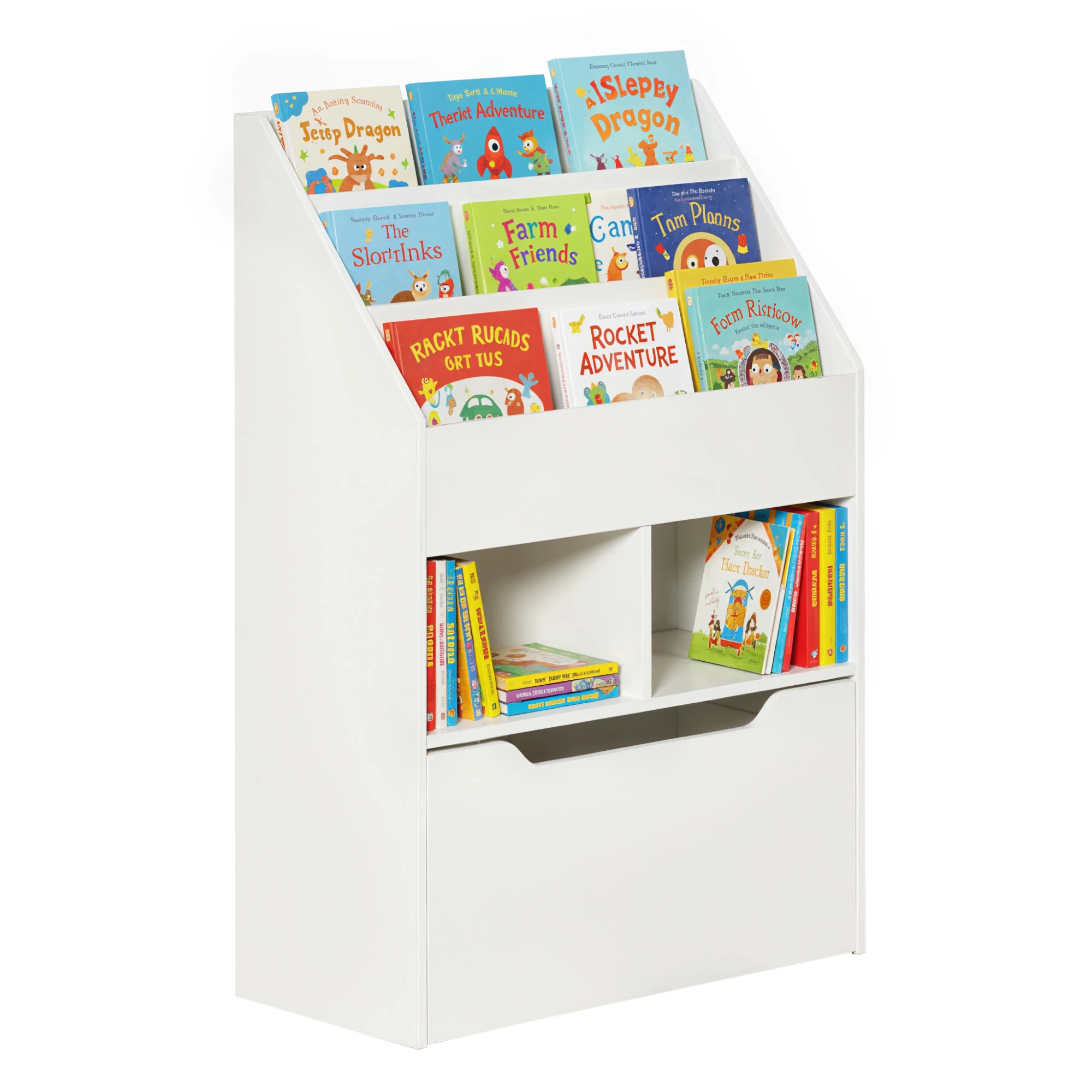 HOMCOM-Estantería de Librería Infantil, con 3 Compartimentos, 2 Cubos, Cajón y Ruedas