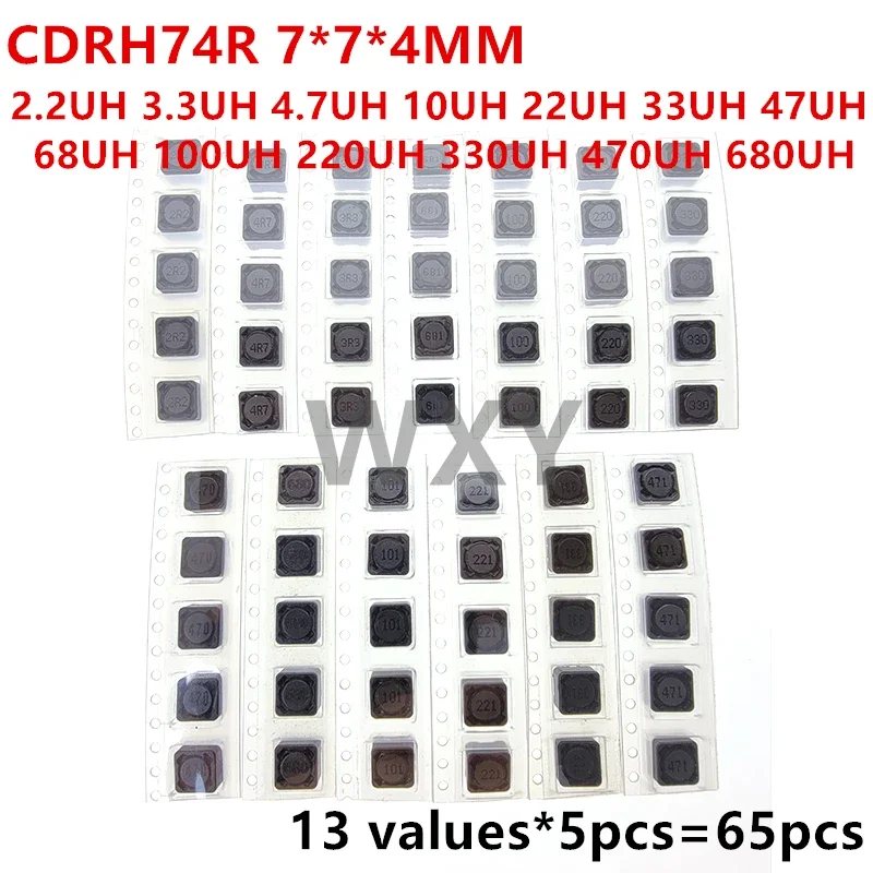 65pcs 13Values Shielded Inductor SMD Power Inductors Assortment Kit 2.2UH-680UH 7*7*4MM CDRH74R