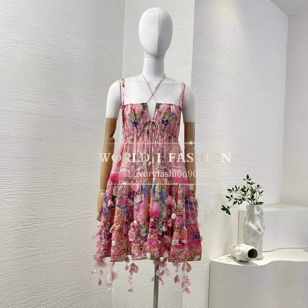 

Pure Silk High Quality 2025 Beach Style Pink Floral Print Spring Summer Appliques Lace-up Women Shirred Mini Holiday Dress