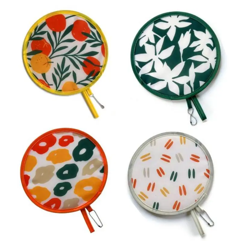 Cute Colorful Printed Foldable Round Hand Fan Portable Hanging Chain Summer Outdoor Travel Daily Cooling Supply