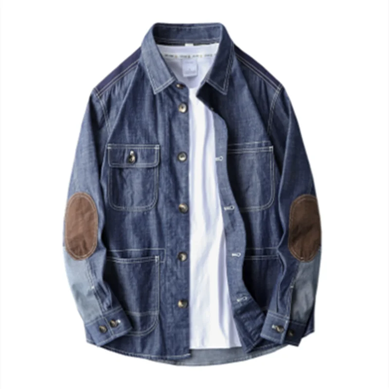 

Spring Autumn Men's Casual Denim Plaid Stitching Shirt Outdoor Working Hiking College Camping Tooling Japanese Loose Cardigan