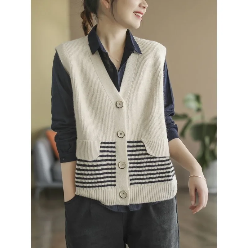 女性用ノースリーブVネックニットセーター,ルーズベスト,多用途,日本,レトロ,怠惰なスタイル,シンプル,スタック,秋,2024
