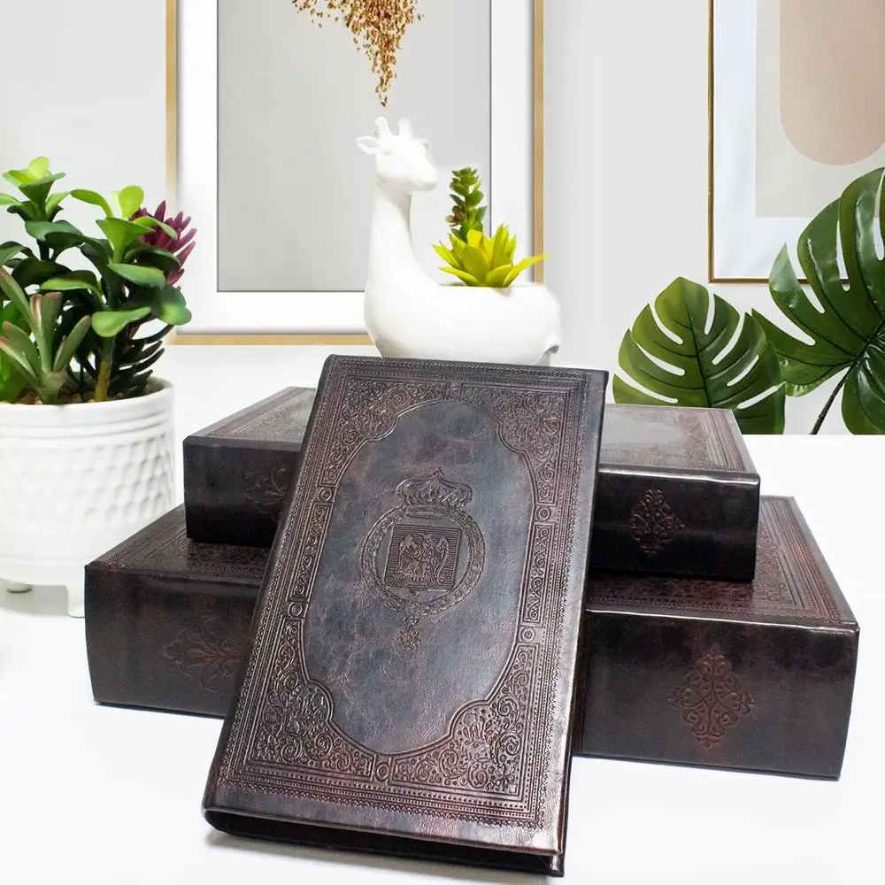 

Vintage-Style Leather Book Boxes Set of 3, Wooden Storage for Jewelry & Trinkets, Embossed Pattern, Ideal Gift for Moms, Grads &