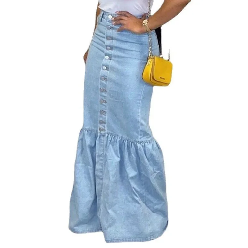 

Sexy Empire High Waist Stretchy Skirt Mermaid Trumpet Ruffle Long Skirt 2024 New Fishtail Denim Skirt Women