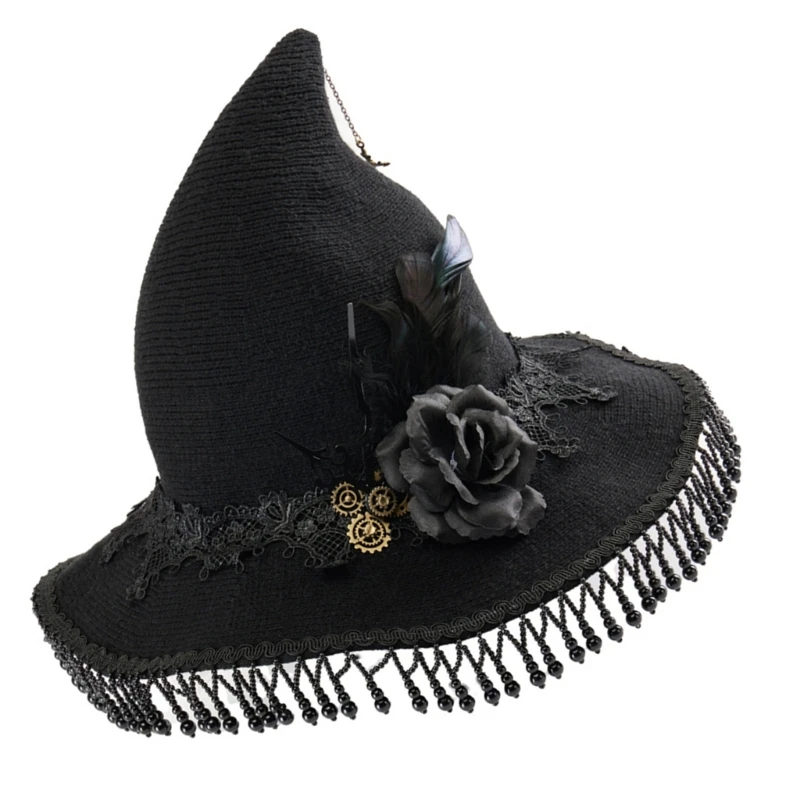 

Halloween Witch Hat Masquerade Retro Lace Witch Hats Fashion Bead Chain Hat