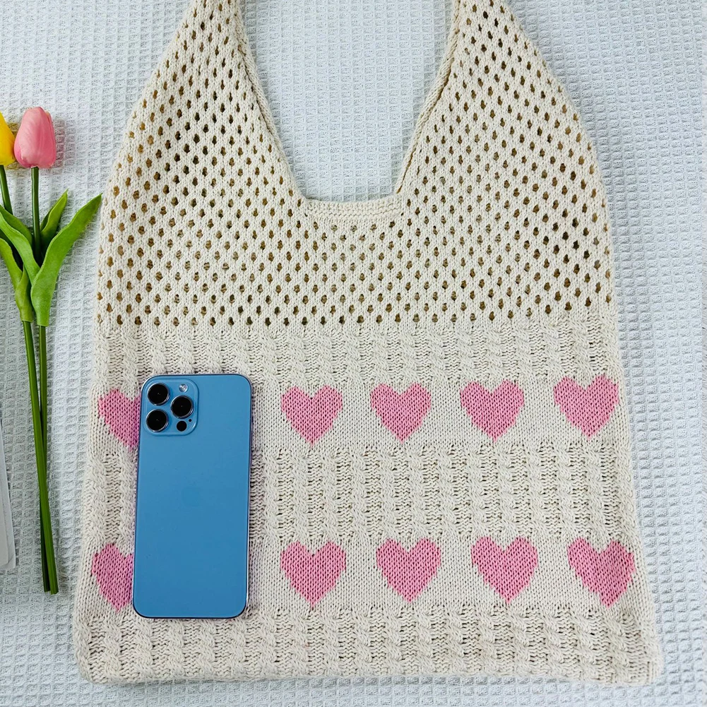 

Women Hollow Out Knit Bag Large Capacity Knitted Bag Contrast Color Travel Shopping Handbag Ladies Daily Handbag