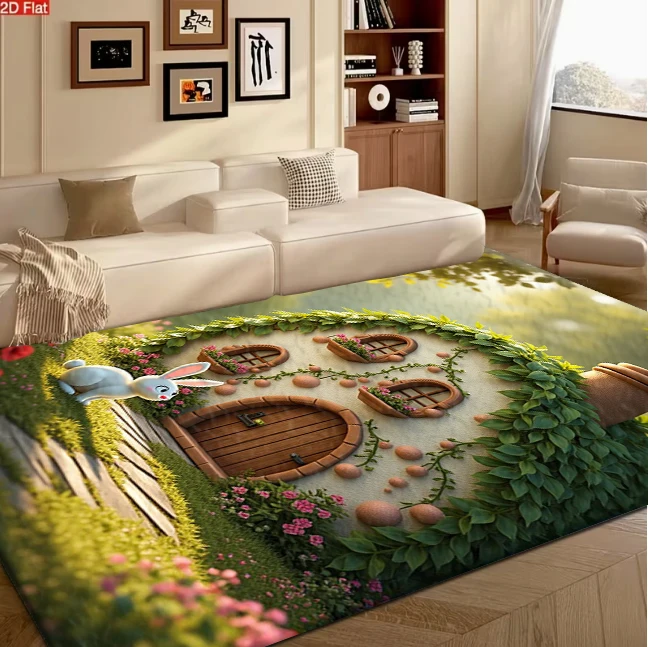 Cute Elven Bottle House Rabbit Art Carpet Flooring Whimsical Cartoon Style Household Area Rug Indoor Home Decor Mat