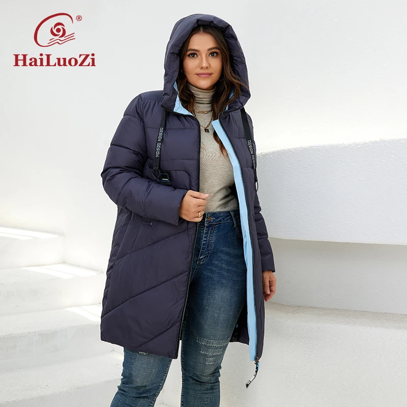 HaiLuoZi 2022 Winter Women\'s Jackets Thick Cotton Big Pockets Hood Zipper Quilted Parka Oversize Female Casual Women Coat 6896