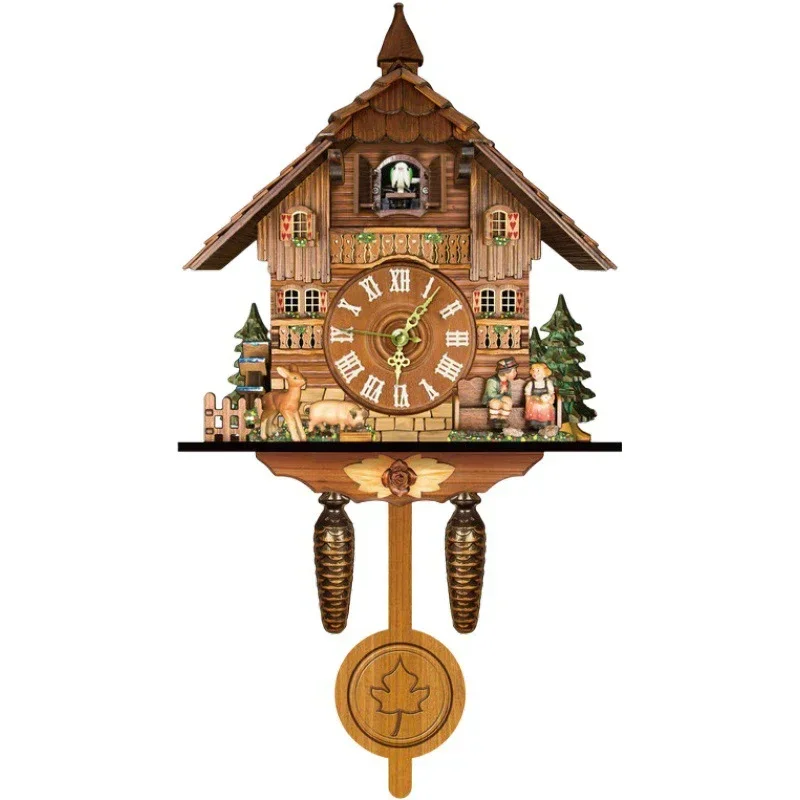 Creative Retro Cuckoo Wall Clock Cuckoo Wood Pendulum Swinging Bird Decorative Hanging Time Alarm Clock Living Room Home Decora