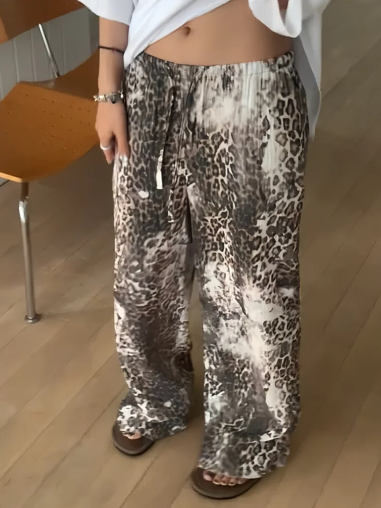 Botvotee Style coréen guépard imprimé pantalon femmes 2025-pantalon à jambes larges taille élastique automne mode coupe ample confortable Chic