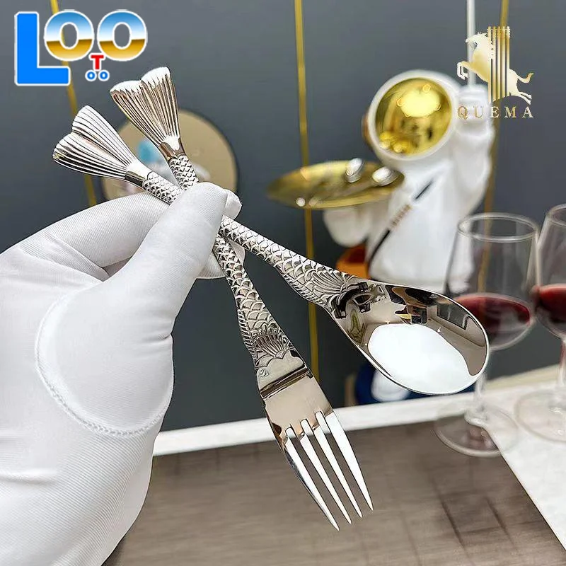 2 個ステンレス鋼クリエイティブフィッシュテールダイニングスプーンフォーク食べるスプーン顔子供フォークデザートフルーツフォーク食器セット