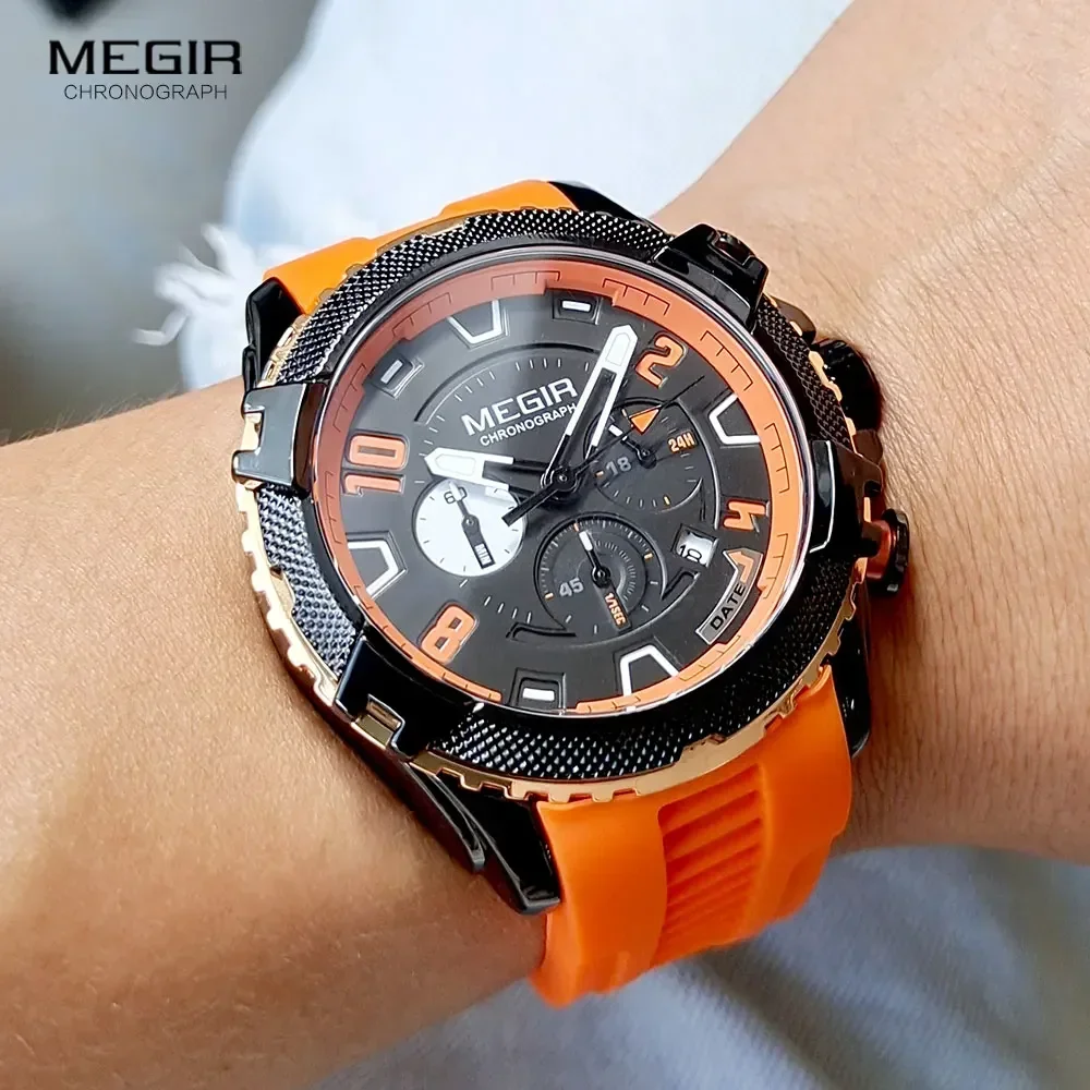 Reloj MEGIR de moda para hombre, correa de silicona naranja, cronógrafo deportivo, reloj de pulsera de cuarzo con fecha, pantalla de 24 horas, resistente al agua hasta 3atm