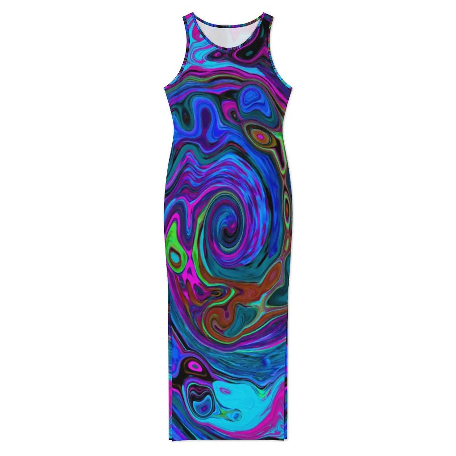 Grooviges Hippie-Druckkleid, ärmellos, blau und lila, flüssige Mode, Maxikleider, Vintage, figurbetontes Kleid, Damen, Übergröße, Vestidos